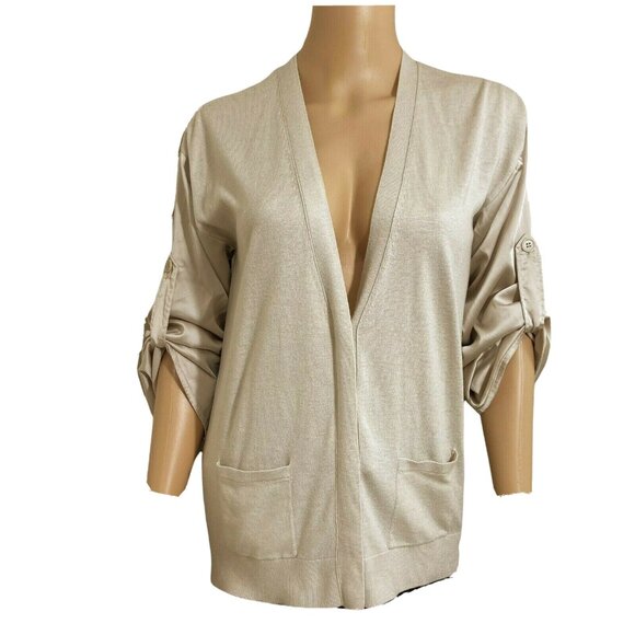 Ann Taylor Cardigan Small Beige Button-Up Roll-Tab Sleeves Knit Silky Cashmere! - Picture 1 of 10